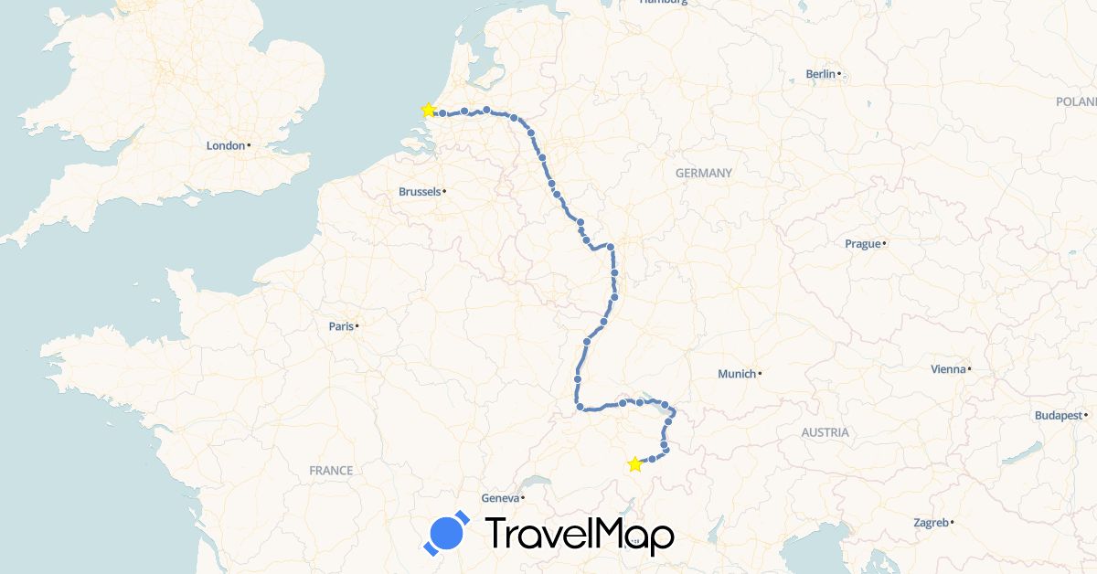 TravelMap itinerary: driving, cycling in Switzerland, Germany, France, Netherlands (Europe)