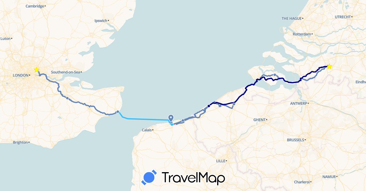 TravelMap itinerary: driving, cycling, boat in Belgium, France, United Kingdom, Netherlands (Europe)