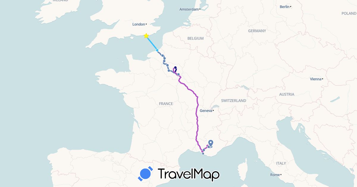 TravelMap itinerary: driving, cycling, train, boat in France, United Kingdom (Europe)